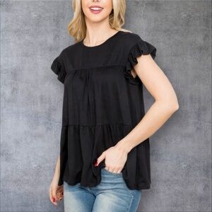 You & Me Tiered Cap Ruffle Sleeve Swing Pullover Knit Top Women’s Plus 1X Black